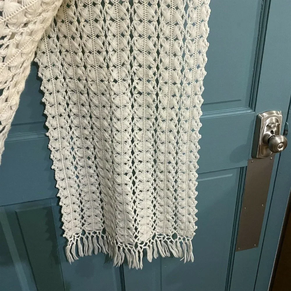 Vintage Lacey Shawl Wrap With Fringe Acrylic Openwork Pattern